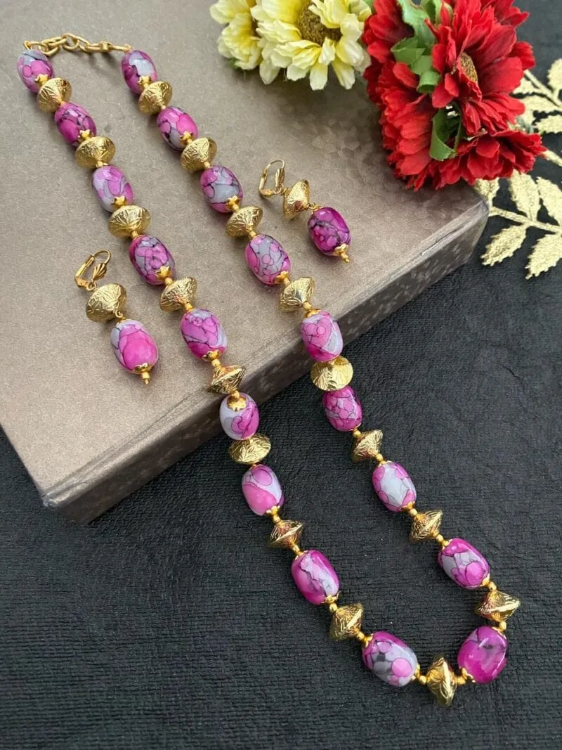Contemporary Semi Precious Single Strand Pink Chalcedony Stone Beaded Necklace For Woman