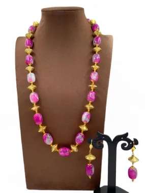 Contemporary Semi Precious Single Strand Pink Chalcedony Stone Beaded Necklace For Woman
