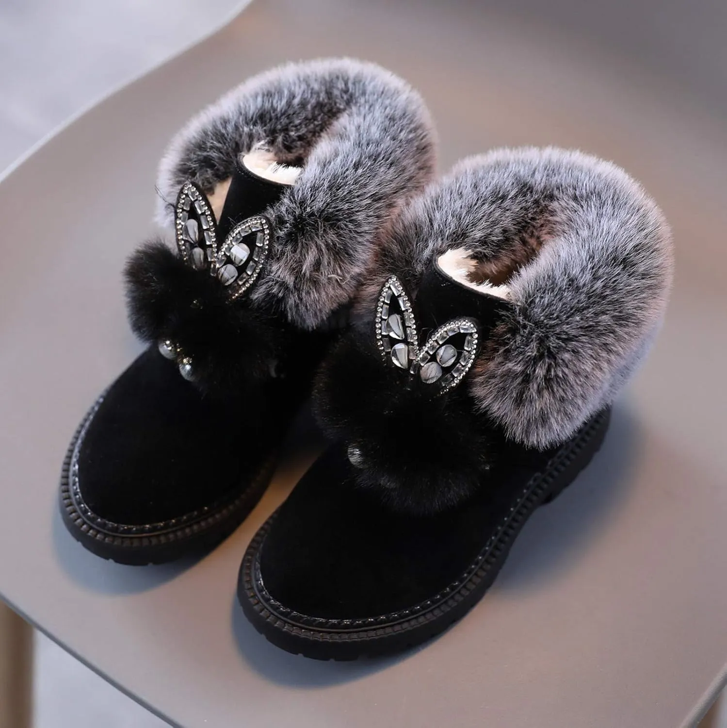 EnJoCho Children Ankle Boots Combat Boots Faux Fur Lined Boots for Girls Warm Hook&Loop Winter Snow Boots (Black, 15-18Months)