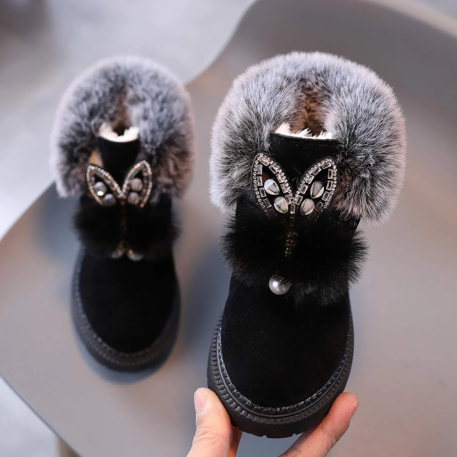 EnJoCho Children Ankle Boots Combat Boots Faux Fur Lined Boots for Girls Warm Hook&Loop Winter Snow Boots (Black, 15-18Months)