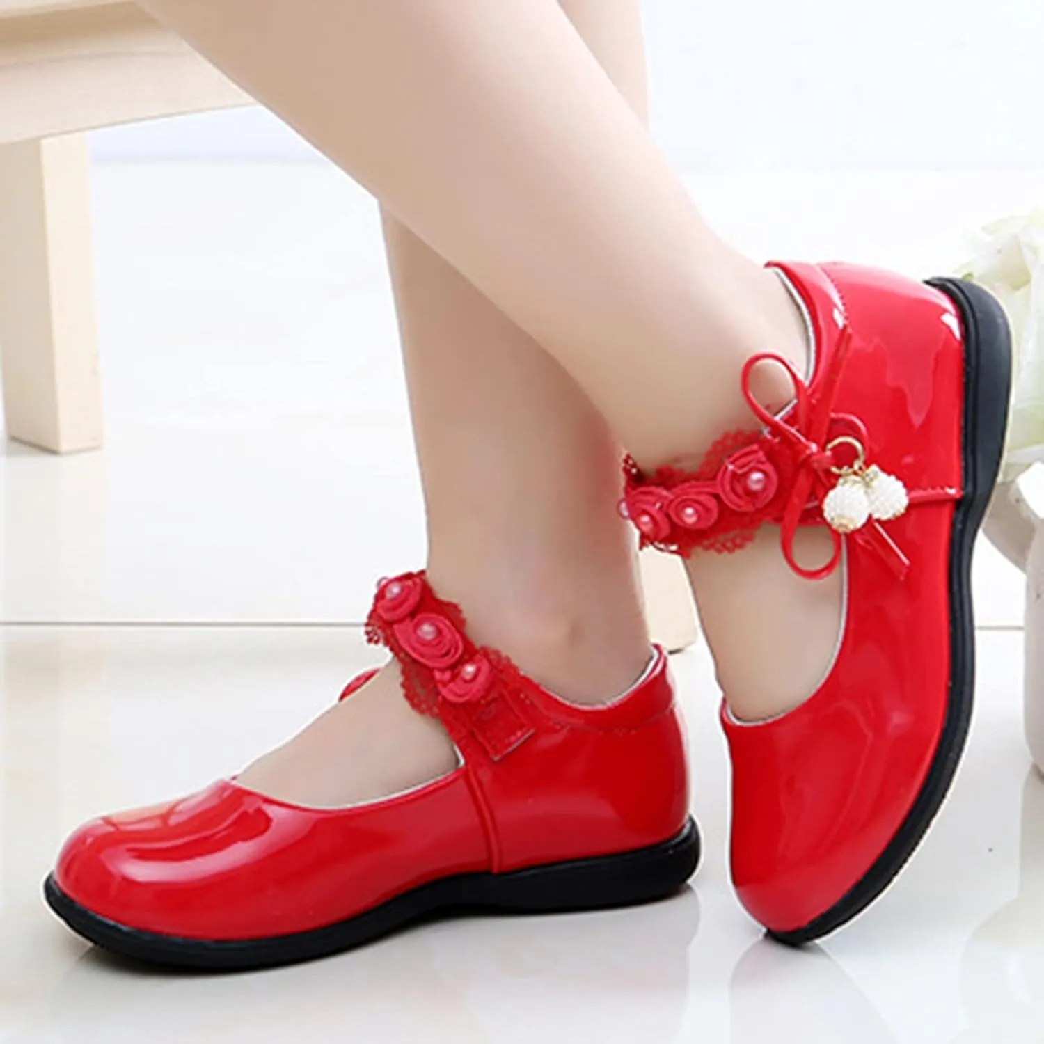Girls Dress Shoes with Anti-Scratch Leather Princess Pary Schools niform Shoes Mary Jane Ballerina Flat Shoes