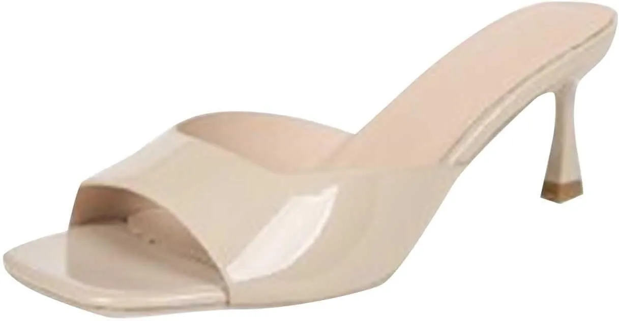 Kitten Heels for Women Low Heels Stiletto Heeled Slides Casual Dressy Pom Party Vacation Sandals Square Toe Slip-Ons