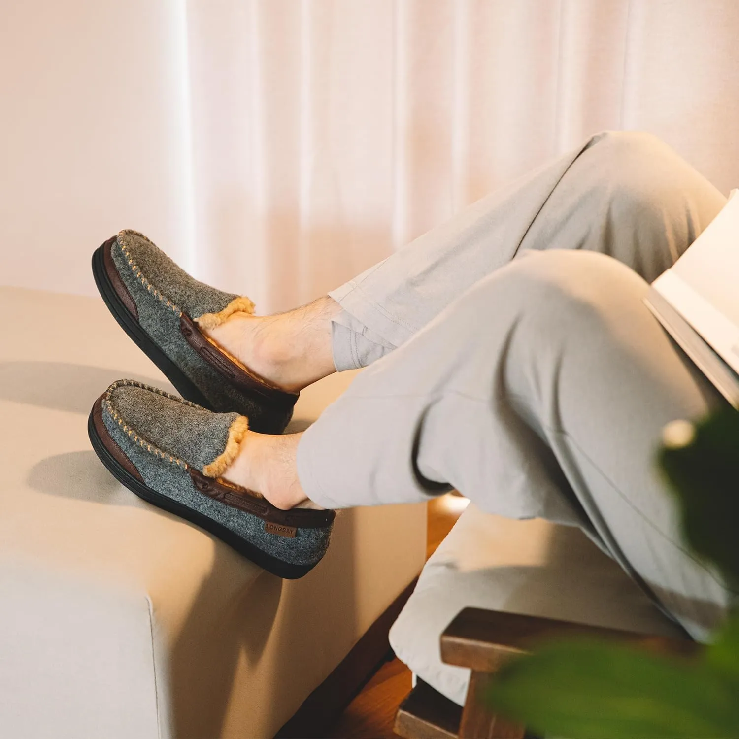 LongBay Mens Moccasin Slippers Warm Cozy House Shoes Indoor Outdoor