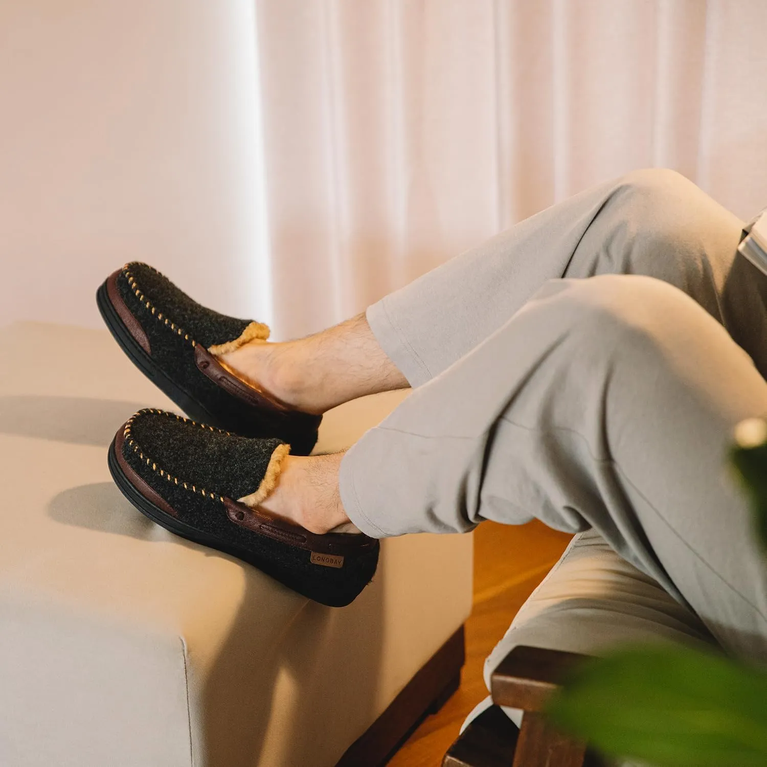 LongBay Mens Moccasin Slippers Warm Cozy House Shoes Indoor Outdoor