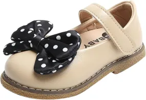 MRAFDGFB Baby Shoes Fashion Autumn Girls Casual Shoes Flat Polka Dot Bow Solid Color Hook Loop Dress Shoes (Beige, 7 Toddler)