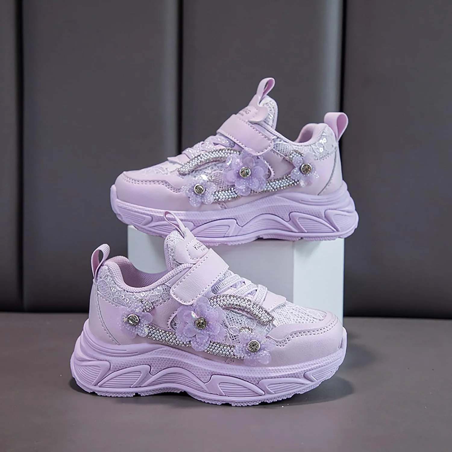 Sneakers for Girls Cute Flower Breathable Running Sneakers with Hook and Loop Comfortable Lightweight Fashion Shoes