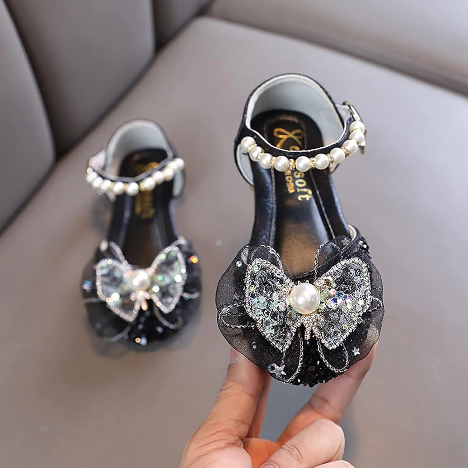 Toddler Girl School Shoes Bow Plastics Metal Pearl Rhinestone Color Matching Gradient Spring Shoes for Running Shoe Girl