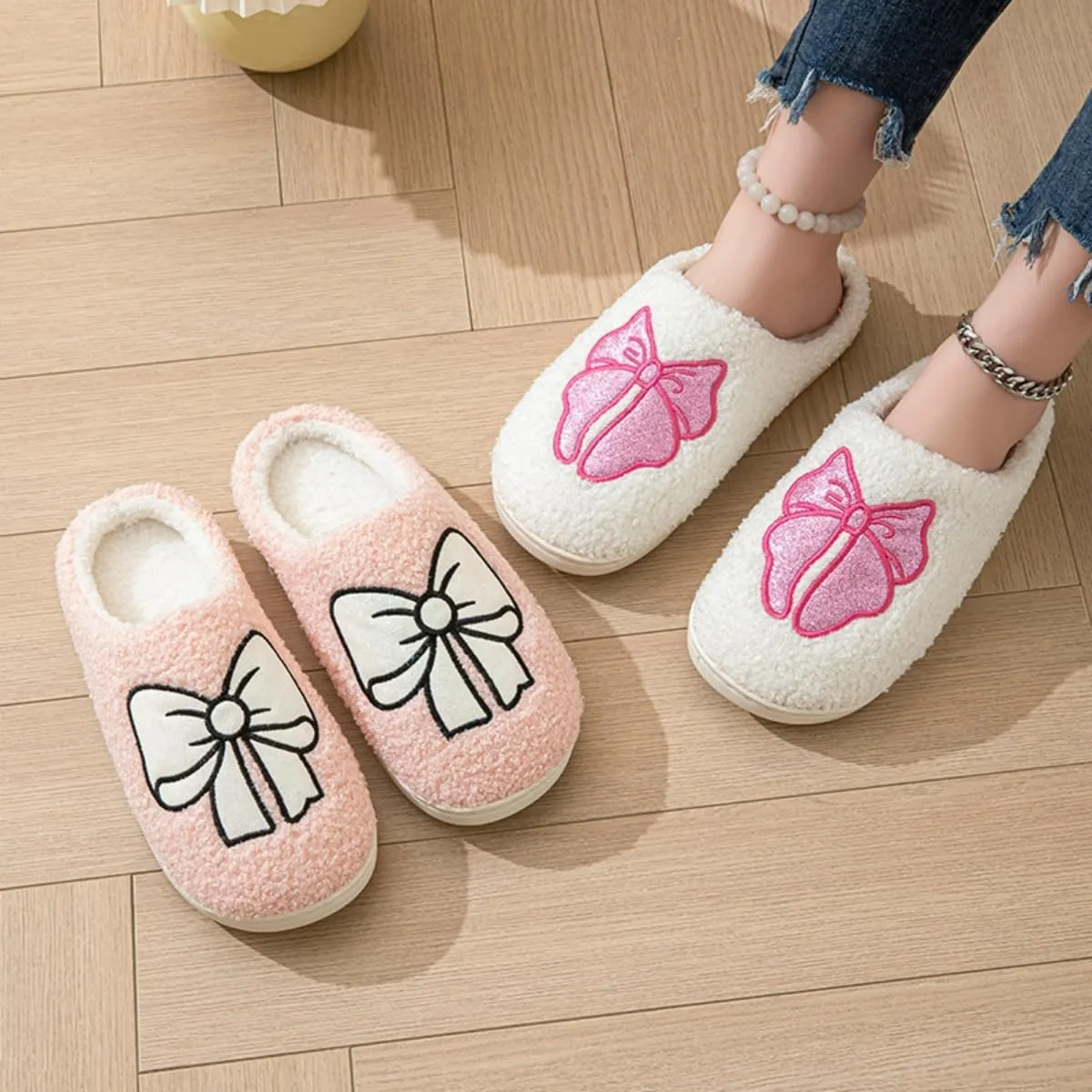 Valentines Bow Slippers for Women Cute Funny House Slides Fun Furry Plush Cozy Shoes Winter