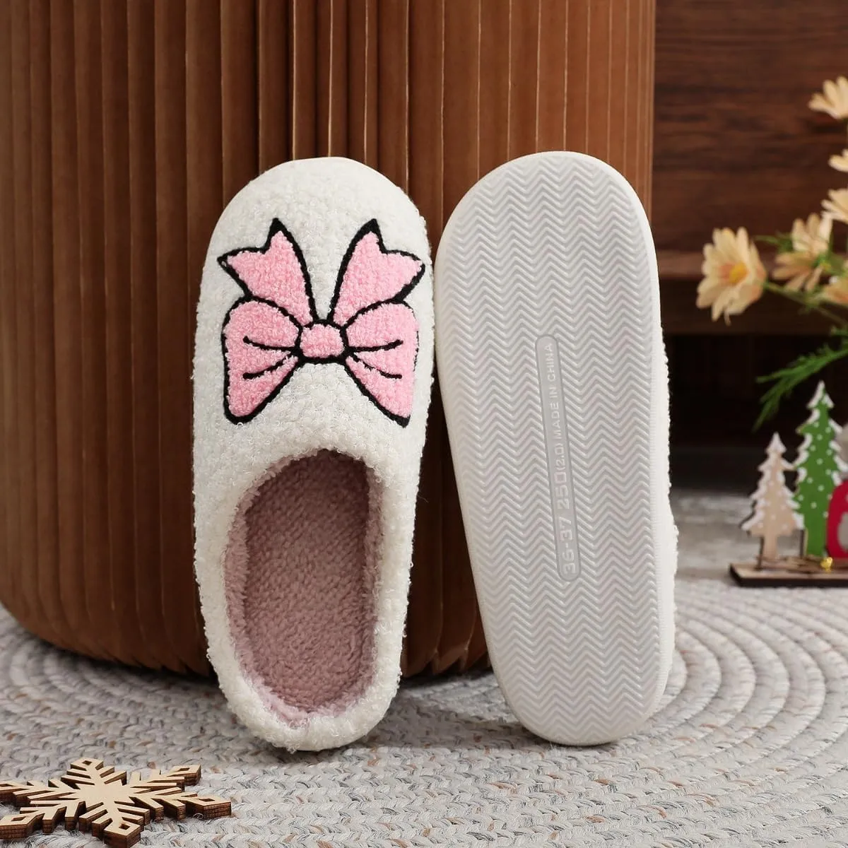 Valentines Bow Slippers for Women Cute Funny House Slides Fun Furry Plush Cozy Shoes Winter