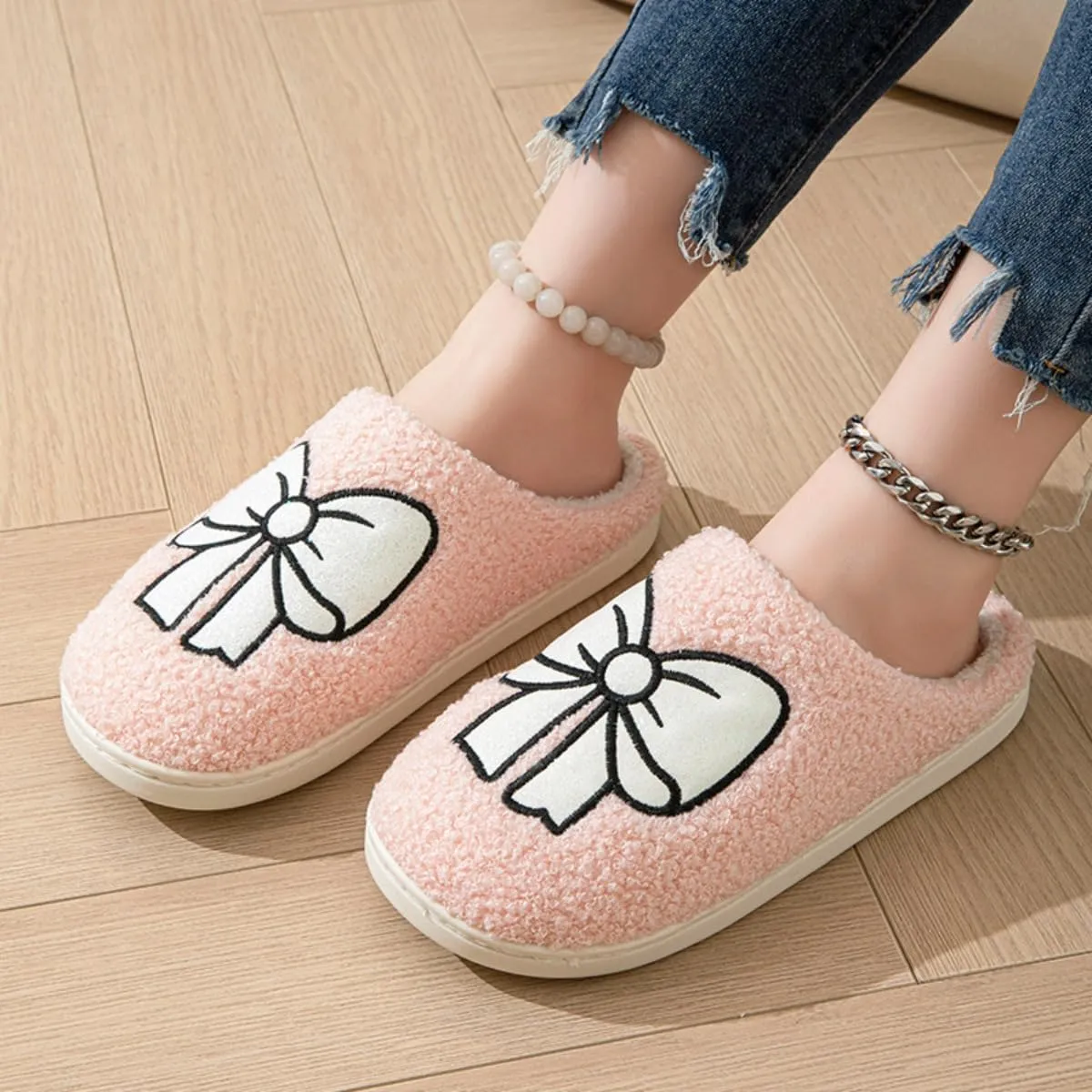 Valentines Bow Slippers for Women Cute Funny House Slides Fun Furry Plush Cozy Shoes Winter