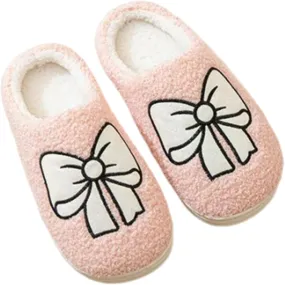 Valentines Bow Slippers for Women Cute Funny House Slides Fun Furry Plush Cozy Shoes Winter