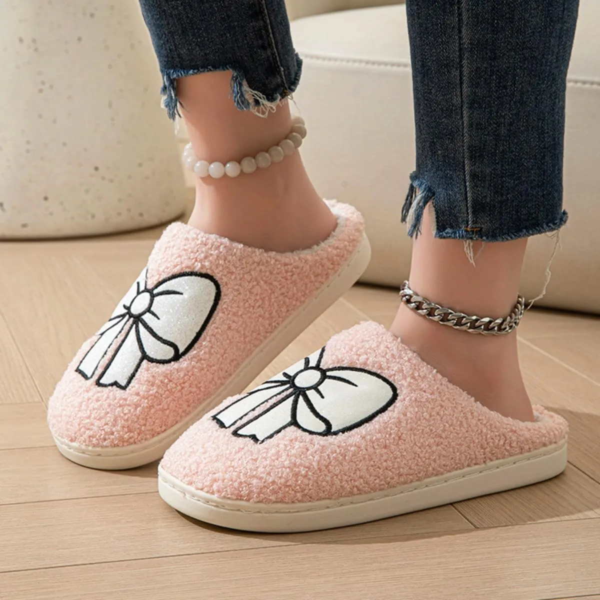 Valentines Bow Slippers for Women Cute Funny House Slides Fun Furry Plush Cozy Shoes Winter