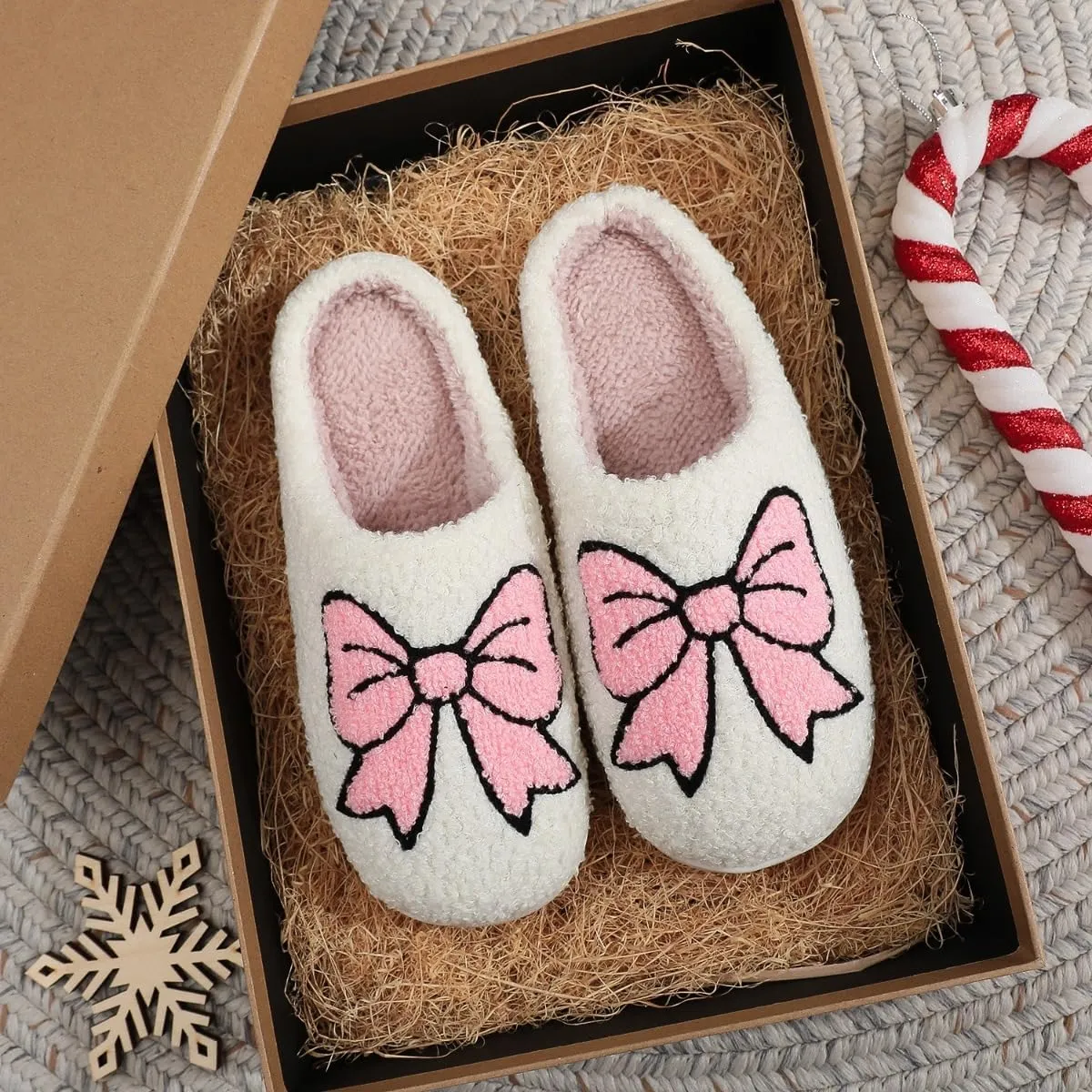 Valentines Bow Slippers for Women Cute Funny House Slides Fun Furry Plush Cozy Shoes Winter
