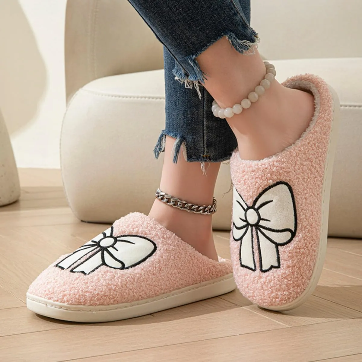 Valentines Bow Slippers for Women Cute Funny House Slides Fun Furry Plush Cozy Shoes Winter