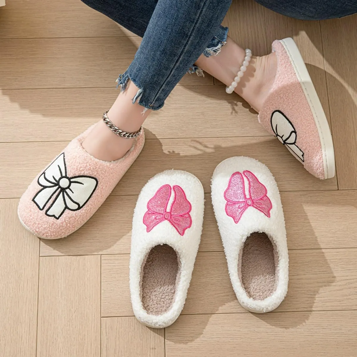 Valentines Bow Slippers for Women Cute Funny House Slides Fun Furry Plush Cozy Shoes Winter