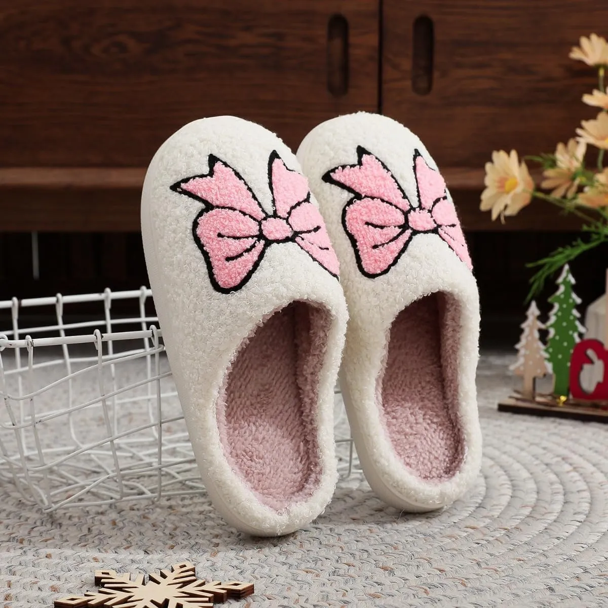 Valentines Bow Slippers for Women Cute Funny House Slides Fun Furry Plush Cozy Shoes Winter