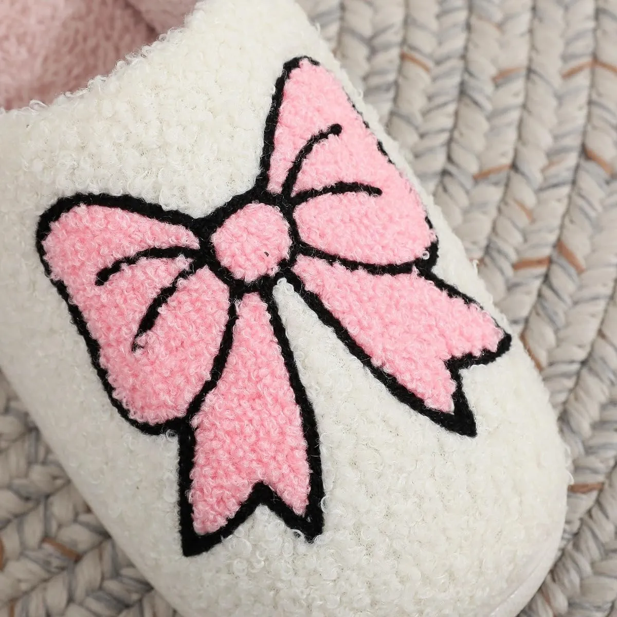 Valentines Bow Slippers for Women Cute Funny House Slides Fun Furry Plush Cozy Shoes Winter