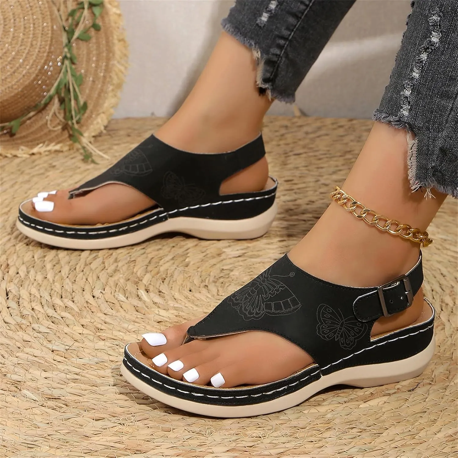 Wedge Sandals for Women Arch Support Orthopedic Sandal Comfortable Beach Flip Flops Dressy Casual Summer Low Heel Sandals Fashion Walking Wedges with Adjustable