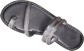 Women's Fashion Rhinestones Slides Cute Dressy Summer Sandals Sparkling Strappy Thong Flats Slip ons with Toe Ring