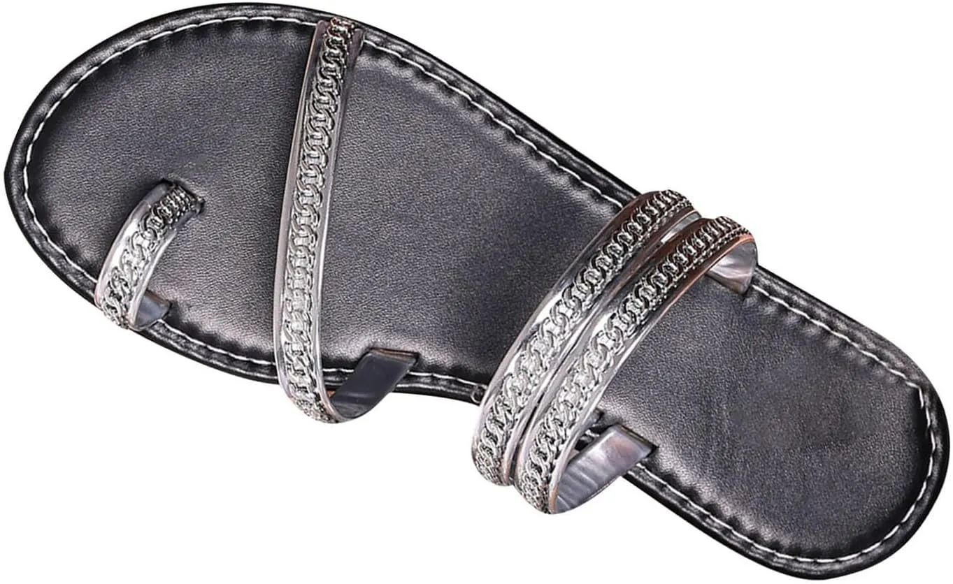 Women's Fashion Rhinestones Slides Cute Dressy Summer Sandals Sparkling Strappy Thong Flats Slip ons with Toe Ring