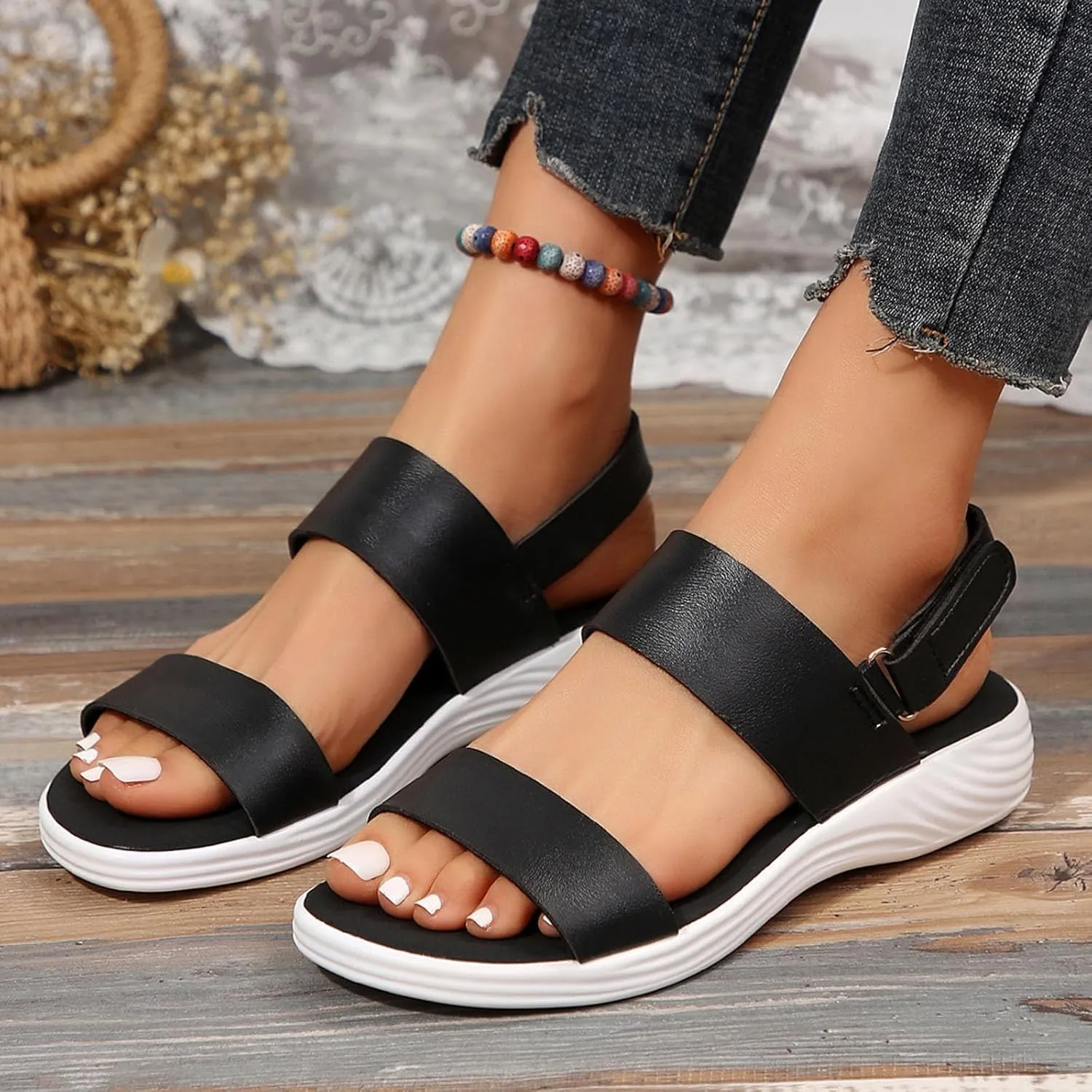 Womens Sandals Double Strap Flat Sandals Workout Comfy Summer Leather Fashion Trending Sandal for Walking Hiking