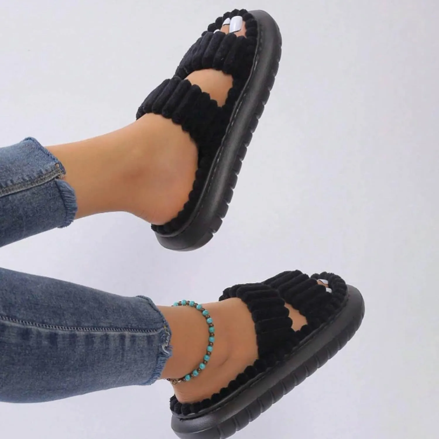 Women's Slippers Memory Foam Breathable Slippers Open Toe Winter Soft Womens Hard Sole Slip on