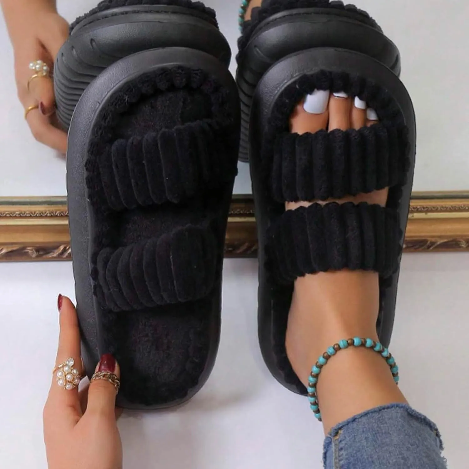 Women's Slippers Memory Foam Breathable Slippers Open Toe Winter Soft Womens Hard Sole Slip on