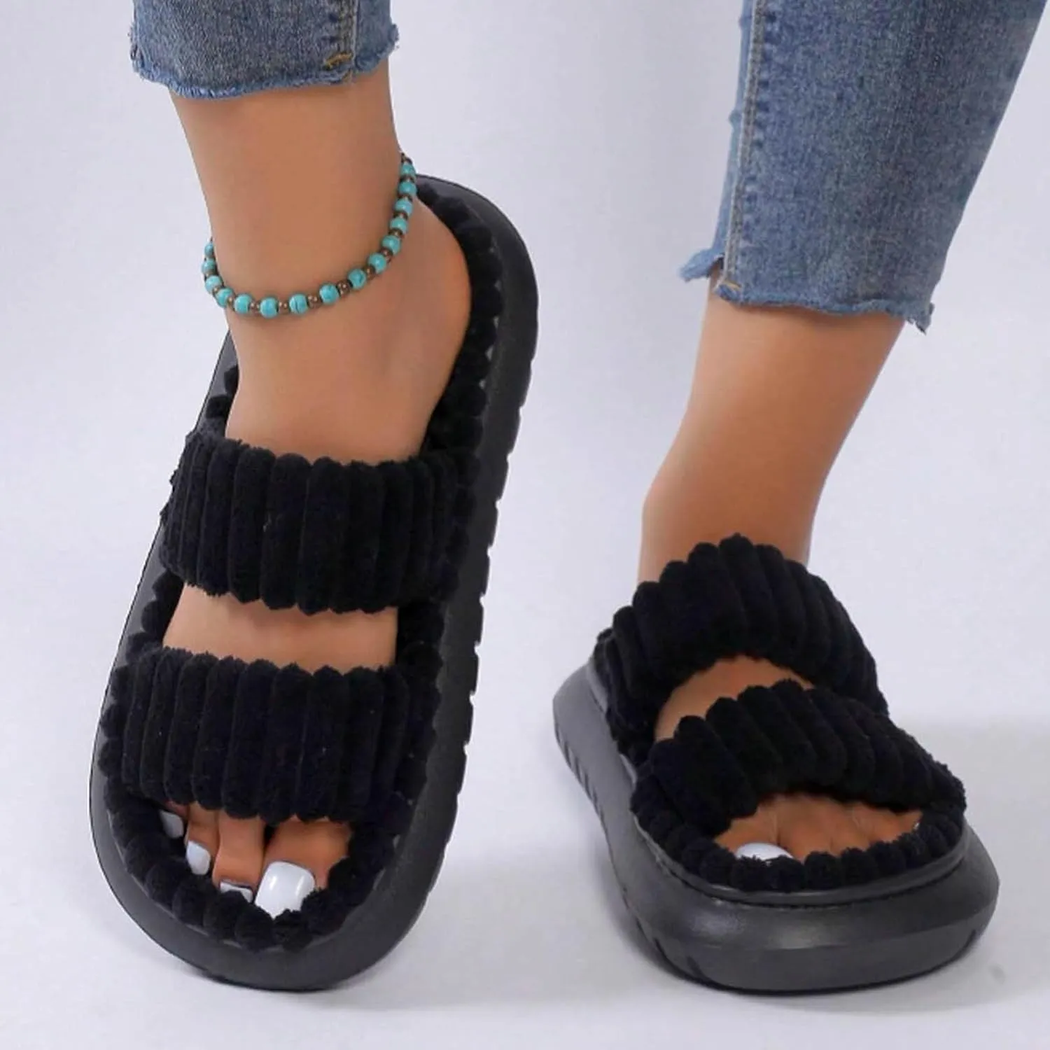 Women's Slippers Memory Foam Breathable Slippers Open Toe Winter Soft Womens Hard Sole Slip on