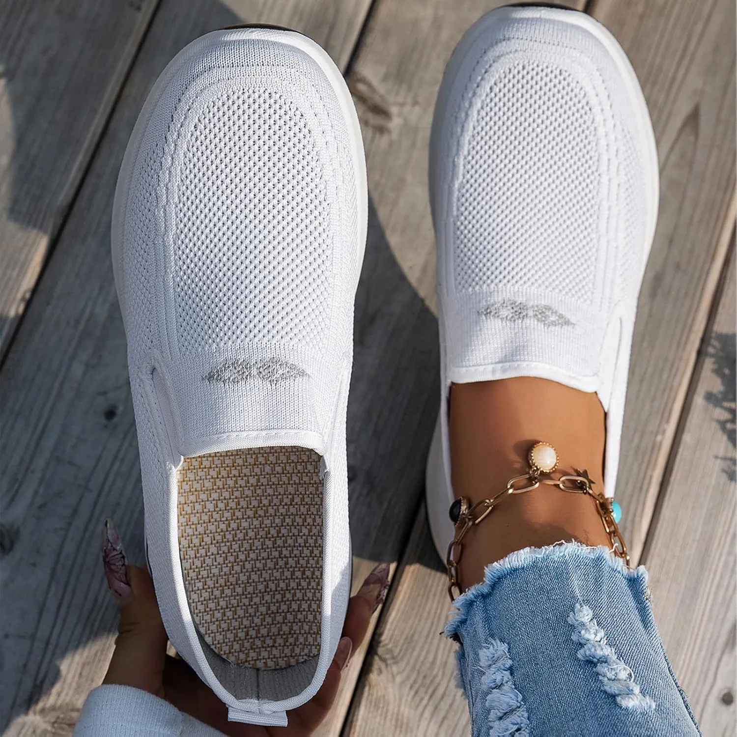 Women's Woven Orthopedic Shoes Comfortable Walking Shoe Breathable Mesh Summer Sneakers Lightweight Wide Width Slip on Shoes Diabetic Nurse Sneaker with Arch Support
